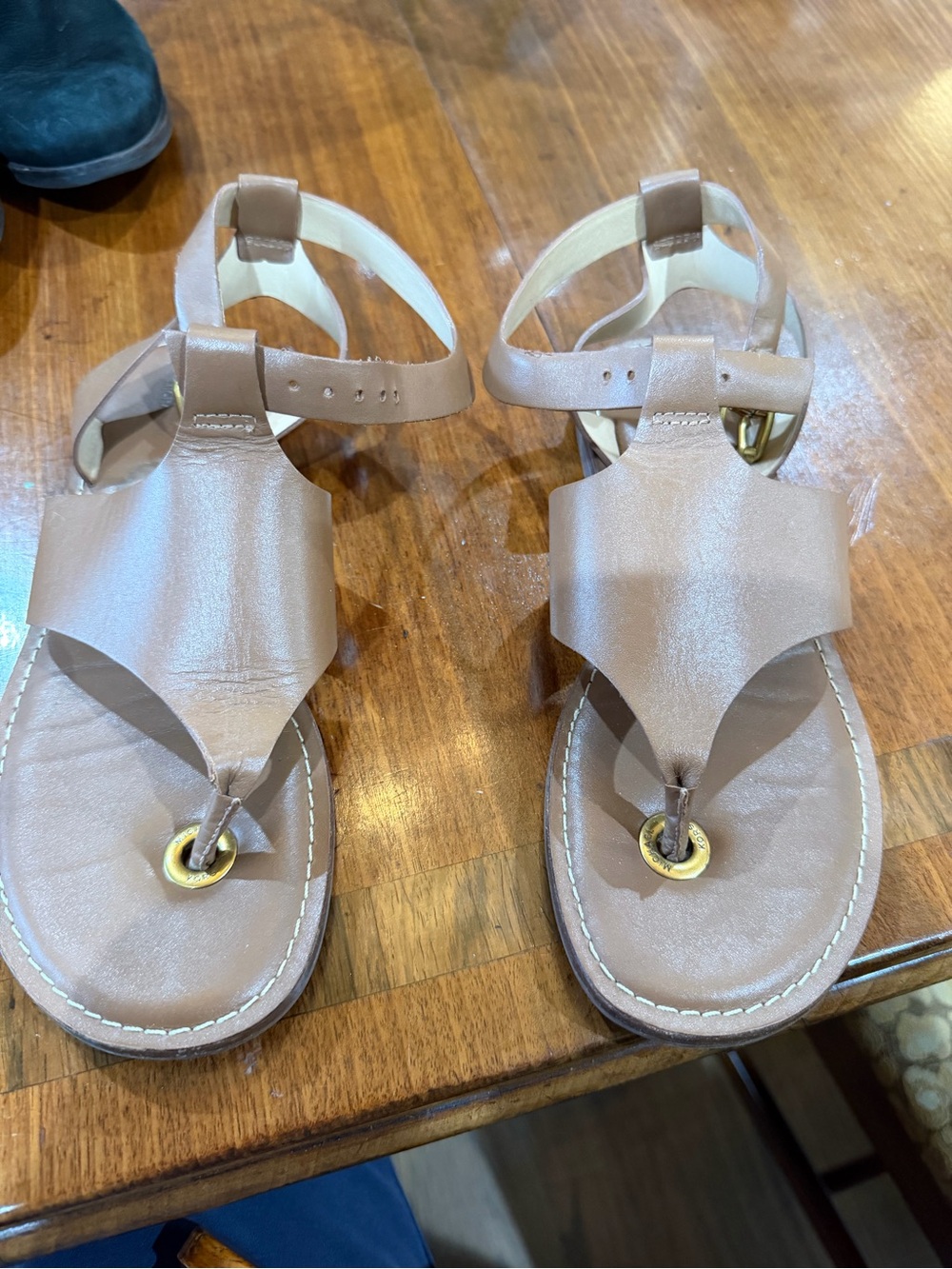 Michael Kors Taupe Leather T-Strap Sandals with Gold Ring Accent